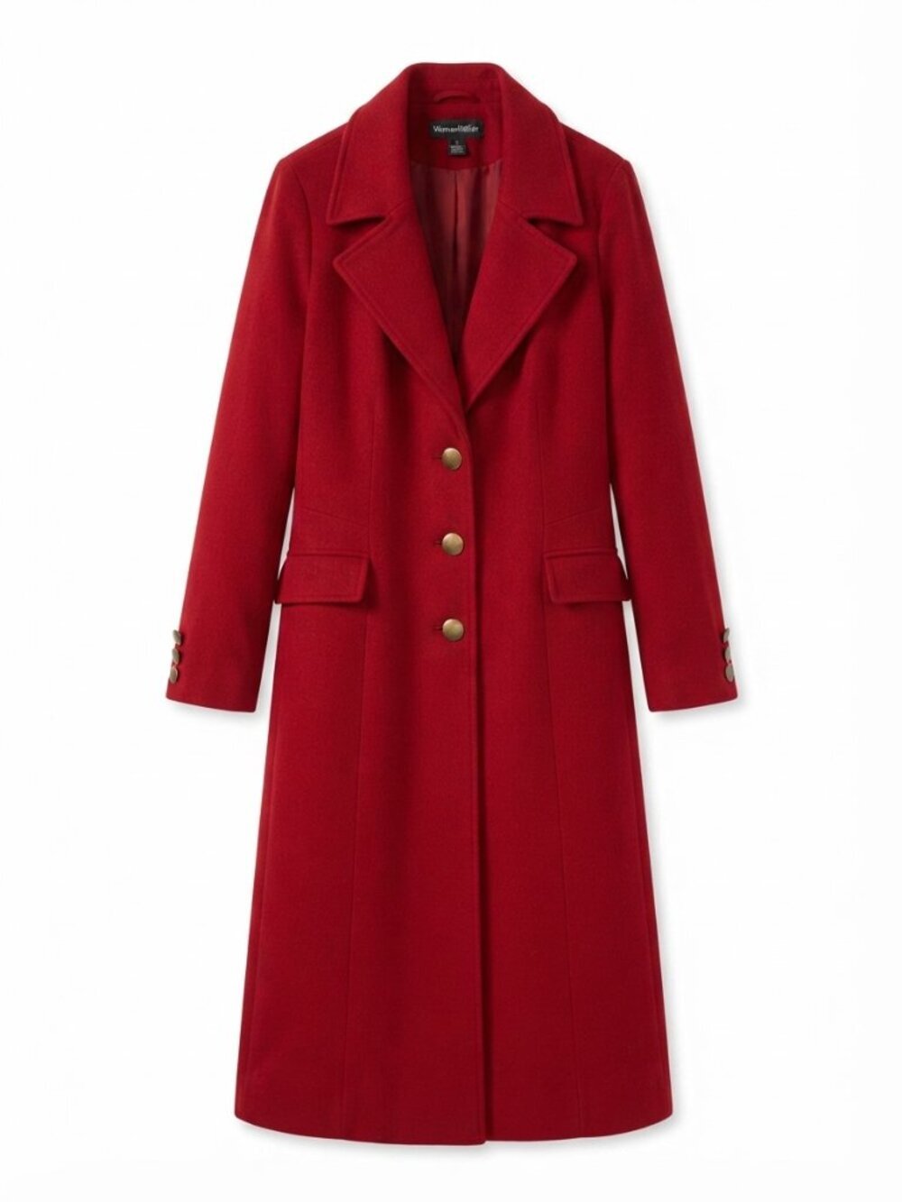Roaman's Red Long Wool Coat with Notch Collar